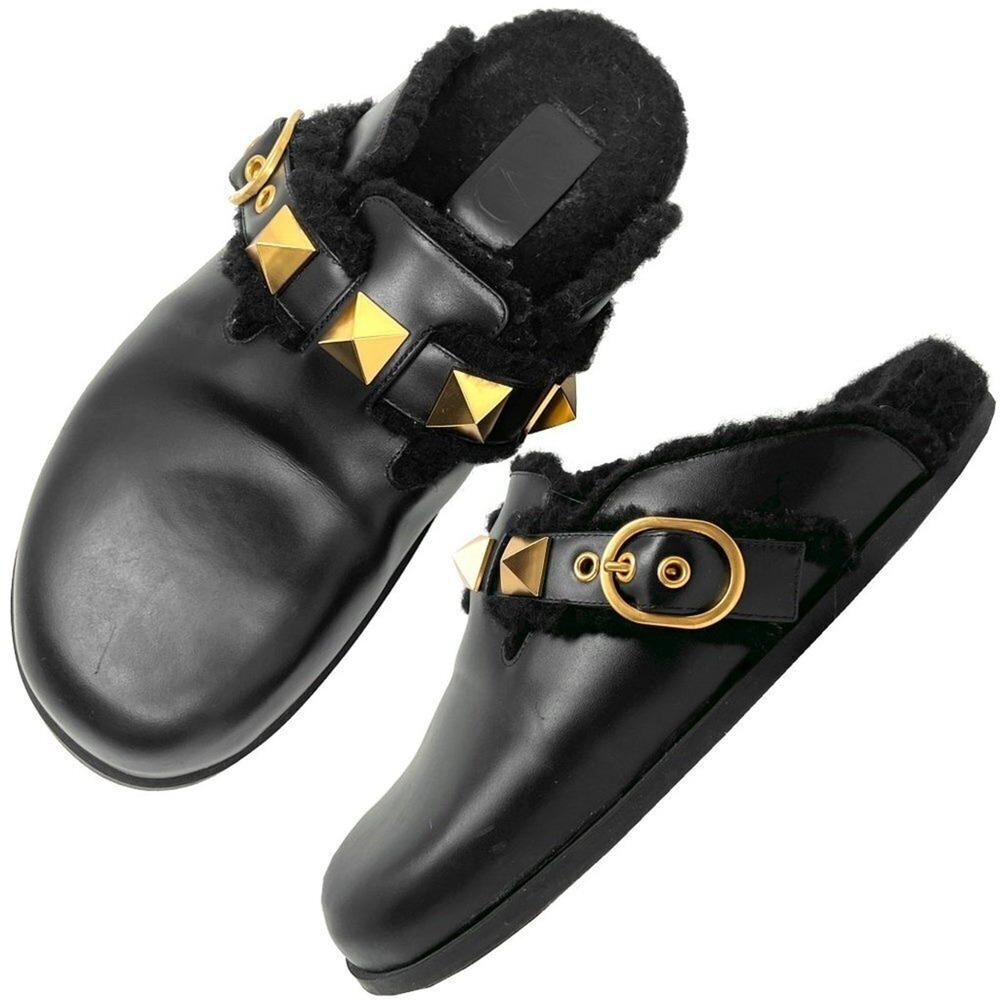 Valentino Roman Stud Mules Black Leather Shearling Flats 37.5 - Picture 2 of 10